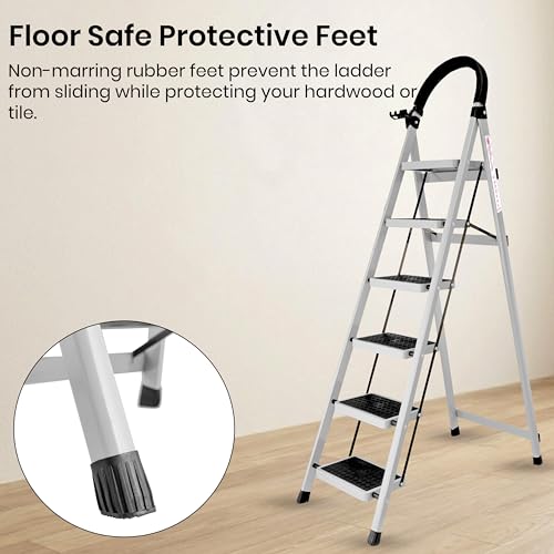 Image of Casa Copenhagen White 6 Step Ladder for Home Use with Built-in Tool Tray | Heavy Duty D Shape Rods | Ultra Large Platform | Wide Rubber Feet | 150Kg Capacity Foldable Ladder - 7 Years Warranty