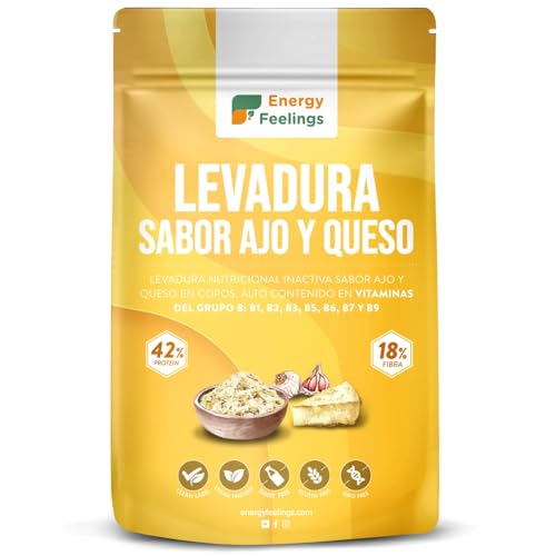 Energy Feelings Levadura Nutricional Sabor Queso y Ajo 250g, Levadura Nutritiva en Copos Rica en Vitamina B y Proteínas 43%, Nutritional Yeast Sin Gluten, Sin Azucar, Ideal para Queso Vegano