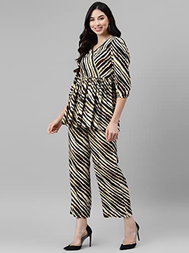 Image of DEEBACO Women's Rayon Peplum Top & Straight Pants Co-Ord Set for Women|Flared Tunic V-Neck & 3 /4 Puff Sleeve Ladies Party Casual Wear Fashionable for Girls Relaxed Fit Cord Set