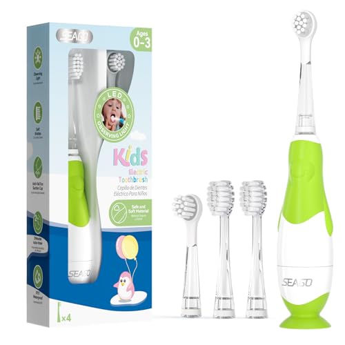 Seago Brosse à Dents électrique pour Enfants de 6 mois à 4 ans,étanche, Minuterie Intelligente,Lampes à LED de Couleur et 4têtes de Brosse,Batterie Brosse à Dents Pour Bébé à Piles SG513 (Vert)