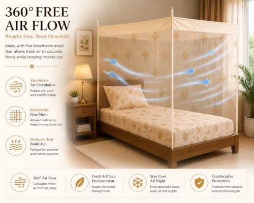 Image of ANS Single Bed Mosquito Net for Bed Floral Print with Cotton Border, Breathable Free Air Flow Mesh, Hanging Mosquito Net for Single Bed, 3.5 x 6.5 ft, Height 5 ft, Cream Floral