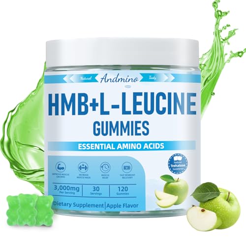andmino HMB and L-Leucine Gummies 3000mg with Trehalose for Muscle Growth Muscle Relief and Workout Recovery for Adults & Elder Non-GMO Vegan Gluten Free Apple Flavor 120
