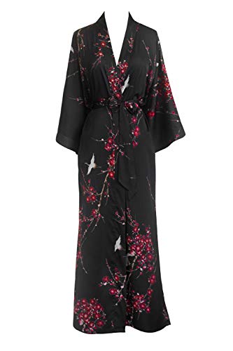 KIM+ONO Luxury Kimono Robe for Women | Long Floral Robe | Cherry Blossom & Crane Black | Original Design