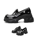 Women's Platform Loafers - Preppy Style Shiny Upper with Rhinestones- Soft Thick Non-Slip Sole- Breathable Lining- Versatile Slip-On Shoes for Daily & Dressy Looks. (Black,7)