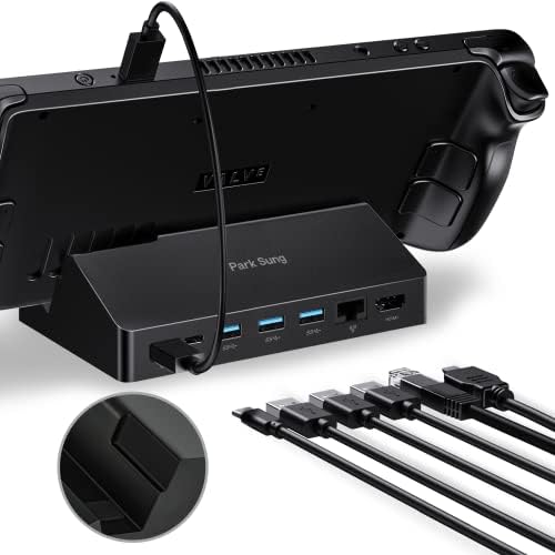 Park Sung 7-in-1 Docking Station for Steam Deck, Dock for Steam Deck with HDMI 2.0 4K@60Hz, Gigabit Ethernet, 3 USB-A 3.0, Full Speed Charging USB-C Port and USB-C Data Port, No Blocking Vents