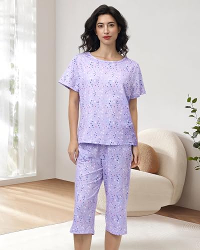 Image of XPUDAC 4 Pack Womens Pajama Sets Short Sleeve Tops with Capri Pants Soft Sleepwear Pjs Set, XL