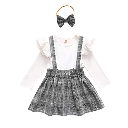 Girls Outfits&Set,Toddler Kids Baby Girls Long Sleeve Tops Plaid Slip Dress Headbands Outfits Set,for Easter Day Child Clothes Gifts(White,3-4 Year)