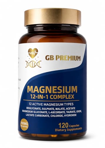 GB Premium Magnesium 12-in-1 Complex 700mg per Serving with Bisglycinate Malate Taurate & Oxide 120 Capsules