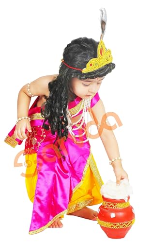 Image of Sarvda Shree Krishna Dress for Baby Boy & Radha Dress for Girls | Janamashtami Dress | Fancy Dress Costume with Accessories Dhoti, Dupatta, Mukut Flute Complete set, Ethnic wear