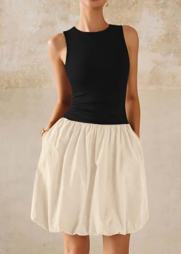 Image of KIRUNDO Summer Dresses for Women 2026 Cute Mini Sleeveless Bubble Dress | Stretchy Ruched Front Cinched Waist, Woven Balloon Skirt, Crewneck Tank Sundress With Pockets, Casual Party Vacation Outfits