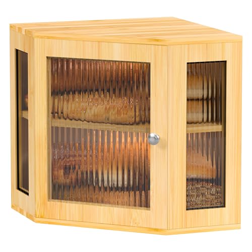 Exabang Corner Bamboo Bread Bin with 2 Levels, Wooden Bread Storage Box 32 x 32 x 35 cm