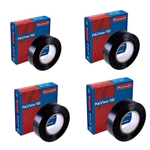 RASMACOR | Pack 4 unidades Cinta aislante negra de PVC Nuñez Plymouth 5106 | 33m x 19mm x 0,15mm | Autoextinguible | Para todo tipo de aplicaciones mecánicas y eléctricas