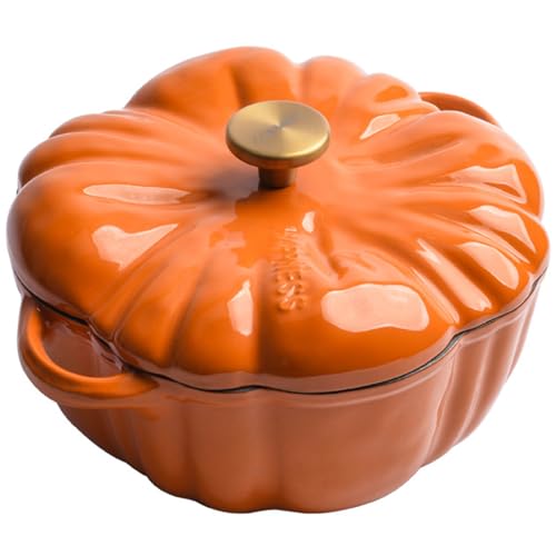 Hgjgwqh Cast Iron Dutch Oven, Pumpkin-Shaped Casserole with Lid and Handles, Non-Stick Stew Pot, 1.8L