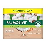 Palmolive Jabón de Baño Naturals Coco y Algodón en Barra 4 x 120 g. Fórmula Infusionada con Ingredientes 100% de Origen Natural que Dejan una...