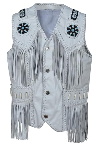 Image of Men's Western Cowhide Suede & Leather Vest - Beaded Fringe Yoke & Back Native-Inspired Cowboy Biker Vest