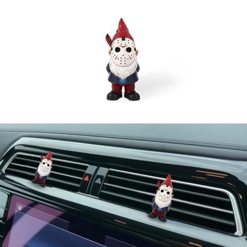 Image of GENANY 3D Resin Spooky Masked Gnome Car Air Freshener Vent Clip, Hand Painted Red Pointed Cap Garden Gnome Design, Gothic Automotive Freshener, Horror Car Accessories Gift
