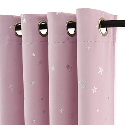 PONY DANCE Stars Foil Printed Blackout Curtains – Pink 52 x 54 Inch Thermal Insulated Curtains & Drapes with Eyelet for Kids Girls Nursery Bedroom, Pink, 2 Panels