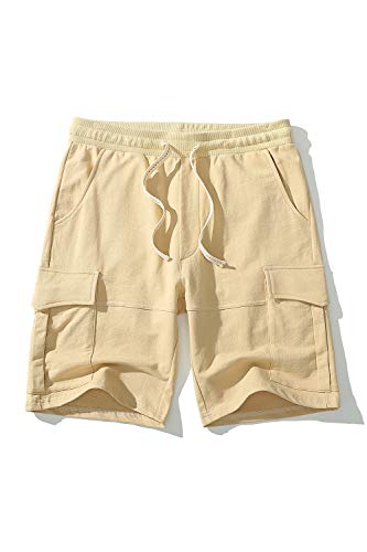CZZSTANCE Mens Cargo Shorts Elastic Waist Drawstring Cotton Casual Outdoor Lightweight Big & Tall Multi-Pockets Sweat Shorts Khaki