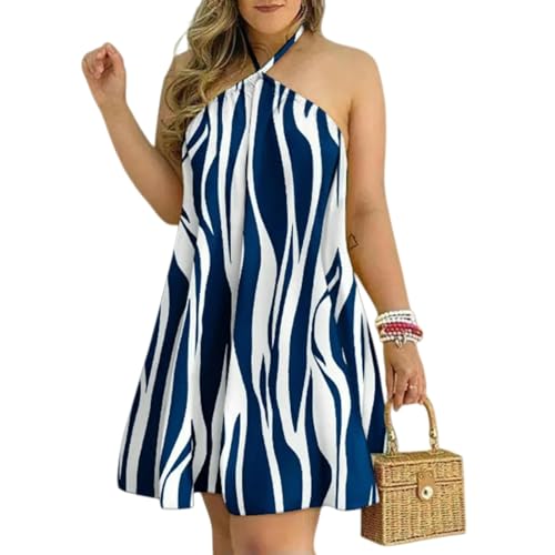 Gyios Damen Kleid Geblümtes Neckholder-Kleid Für Damen, Rückenfreies Boho-Sommer-maxikleid Frühlingsurlaub Und Freizeitkleidung-Blauer Streifen-l