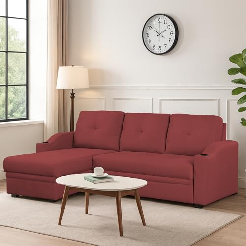 Image of Casaliving Ravonna LHS 4 Seater L Shape Corner Sofa Cum Bed for Living Room (Maroon Fabric) Premium Fabric Sofa