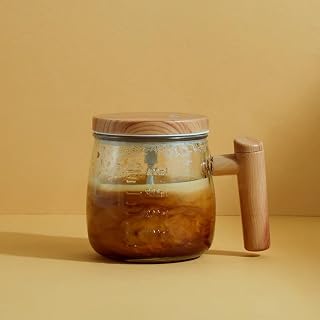 MallArt® Şarjlı Otomatik Karıştırıcı Kupa 400 ML - Dayanıklı Cam Mikser Hazneli 500mAh Bataryalı Kahve Süt Köpürtücü, Type-C Ahşap Desenli Taşınabilir Kendi Kendini Karıştıran Akıllı Kupa Bardak