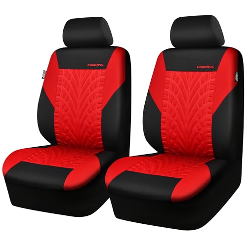 Image of CAR PASS Car Seat Covers Two Front Only for Car, 3D Tyre Print Automotive Interior Covers, Airbag Compatible, Quick Setup Universal Fit Seat Covers for Car, Truck, SUV(Black Red)
