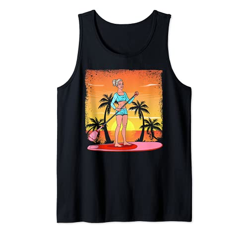 Tropical Beach Stand Up Paddling Women Tropical Sunset SUP Tank Top, Black