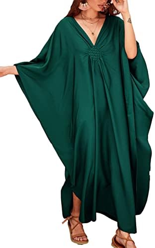 Bsubseach Women Solid Color Cover Up V Neck Batwing Sleeve Plus Size Beach Kaftan Dresses