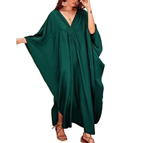 Bsubseach Women Solid Color Cover Up V Neck Batwing Sleeve Plus Size Beach Kaftan Dresses F-dark Green