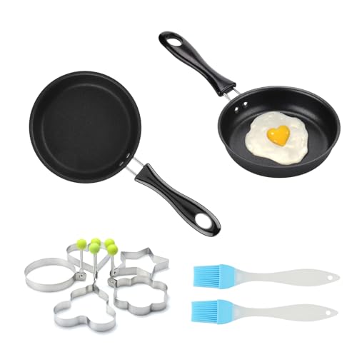 SGYKJ 2 sartenes pequeñas para cocina de inducción, 12 cm, antiadherentes, para huevos, huevos fritos, resistentes al calor, para camping, cocina de gas, 4 moldes para huevos y 2 pinceles de aceite.