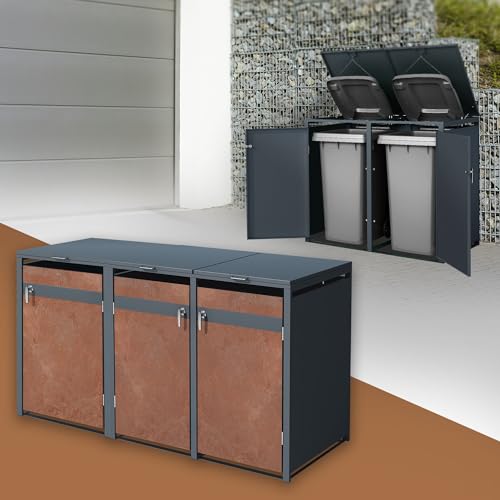 ML-Design Box pour 3 Poubelles, 240L, 200x80x116,3 cm, en Acier Corten, Anthracite/Aspect Rouillé, Résistant aux Intempéries, Habillage Verrouillable, Couvercle Rabattable/3 Portes, Conteneur Hangar