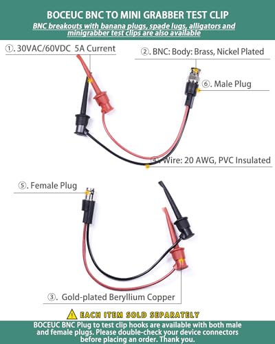 Image of BNC Test Leads, BNC(Male) to Mini Grabber Test Clip, Test Lead Breakout Cable for Multimeter, 5A Current Rating, 1 Pack