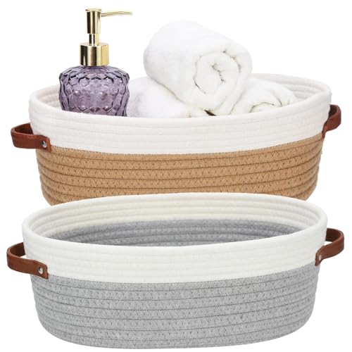 Tangjun 2 Pack Cotton Rope Storage Baskets for Bathroom & Shelves – Small Woven Storage Basket for Toilet Tank, Bedroom, Gifts & Home Organising