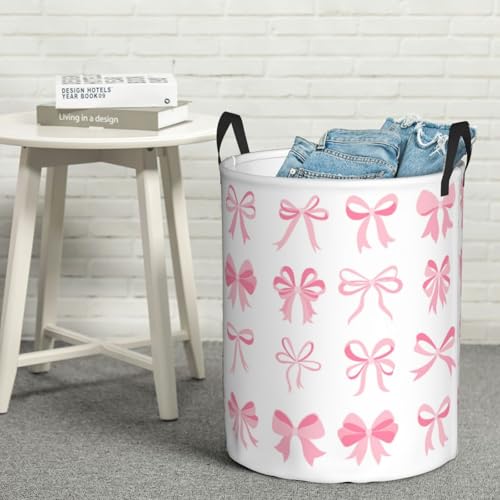Image of Laundry Basket Room Decor,Round Laundry Hamper Waterproof Dirty Clothes Hamper Collapsible Laundry Baskets With Handles,Toy /Clothes Storage Basket For Home Dorm Bathroom Decor (Pink Bow)