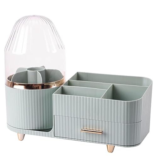 Image of SIBY ABS Plastic Cosmetic Storage Box for Women's | 360 Rotating Makeup Brush Holder for Dressing Table | Vanity Makeup Organizer Box with Transparent Cap and Drawer (Light Green)