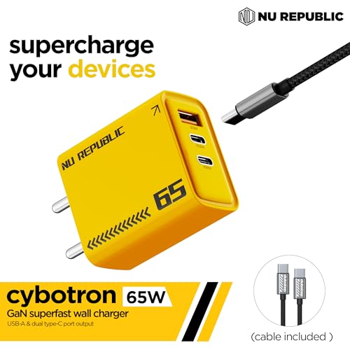 Image of Nu Republic Cybotron 65W GaN Superfast Wall Charger with Type-C to Type-C Cable, 65W Output (Yellow), Type-C and USB-A Enabled Smartphones, Tablets, laptops, and Other Electronics Gadgets