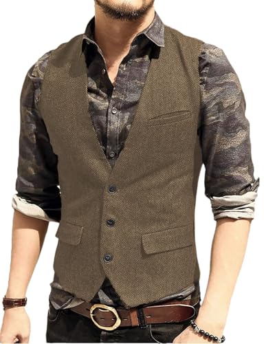 Men’S Vintage Herringbone Blazer Vest Single Breasted Slim Fit V-Neck Outerwear Sleeveless Casual Suit Vest