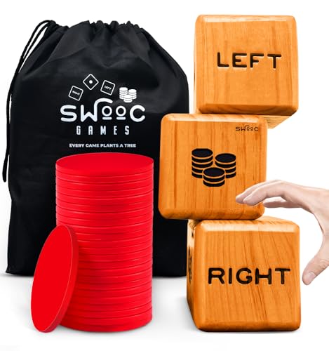 SWOOC Games® - Giant Right Center Left Dice Game (All Weather) with 24 Large Chips & Carry Bag - Jumbo Wooden Lawn Game - Big Backyard Games for Family - Indoor/Outdoor - Left Right Center Dice Set
