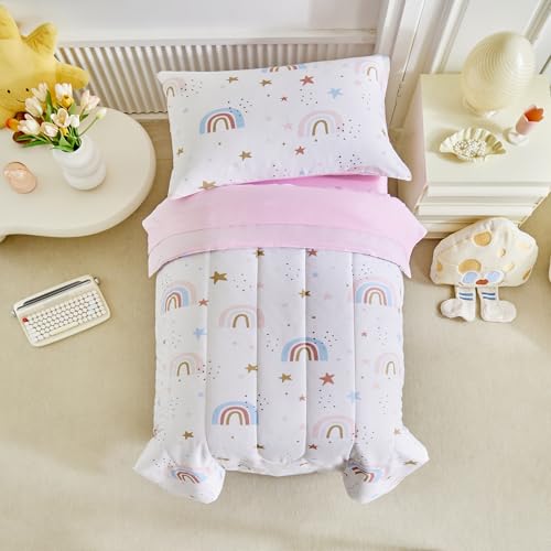 Image of Rainbow Toddler Bedding Set for Girls Light Pink Stars Dots 4PC Toddler Bed Set - Soft Blue Pink Rainbow Cute Princess Toddler Bed in a Bag with Pink Sheet Set and Pillow Shams