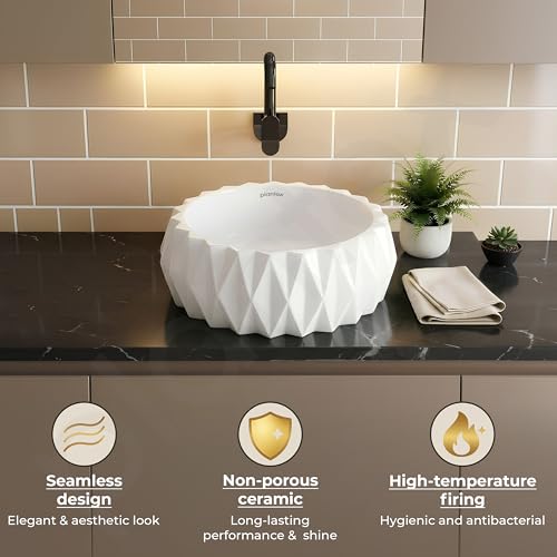 Image of Plantex Ceramic Tabletop Round Washbasin for Bathroom /Countertop Bathroom Sink /Bathroom Wash Basin with 10 Years Glaze Warranty by Plantex (White - 15 x 15 x 6 Inch)
