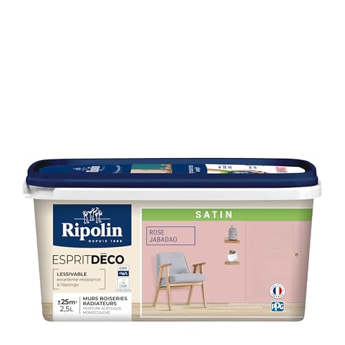 RIPOLIN - Peinture Intérieure Multi-Supports – Murs, Boiseries & Radiateurs – Ultra-Couvrante – Lessivable – Application Facile – Ecolabel - Satin - 2,5L - Rose Jabadao