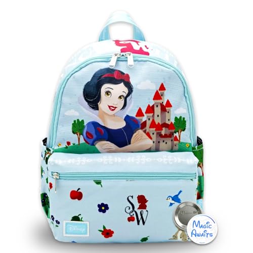 Conjunto de mini mochila branca de neve para crianças – pacote com bolsa princesa Disney de 33 cm com bolso frontal e garrafa de água | Disney bolsa mochila branca de neve