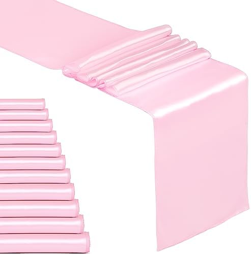 Fynite 12 Pack Satin Table Runner 12 x 108 Inches Long | Baby Pink Satin Table Runner for Party Wedding Banquet Decorations | Bright and Smooth Silk Fabric Party Table Runner - Baby Pink