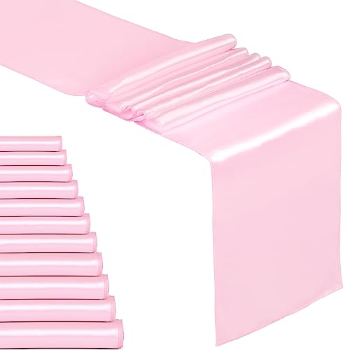 Fynite 12 Pack Satin Table Runner 12 X 108 Inches Long | Baby Pink Satin Table Runner For Party Wedding Banquet Decorations | Bright And Smooth Silk Fabric Party Table Runner - Baby Pink #TOP20
