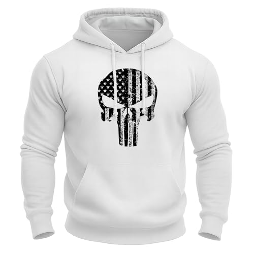 GYMTIER Skull USA - Men's Gym Hoodie - Training Bodybuilding Top, White, M