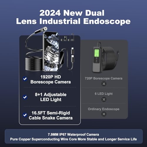 Suntony YP-105 Dual Lens Industrial Endoscope, 1920P Borescope Camera With 8+1 Adjustable Led Light, Endoscope With 16.5Ft Semi-Rigid Cable Snake Camera/ 7.9Mm Ip67 Waterproof Camera thumb #3