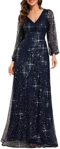 Ever-Pretty Lange trouwjurk voor moeder tule pailletten lange mouwen V-hals Lingne A Chic EE01999-P, Bordeaux, 46