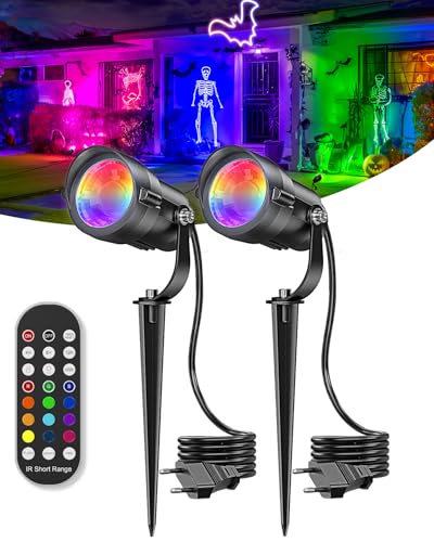 2 Stücke 12W Gartenbeleuchtung mit Fernbedienung und Timer, Dimmbar RGB LED Strahler Garten Gartenstrahler mit Strom, Steuerung Farbwechsel IP65...