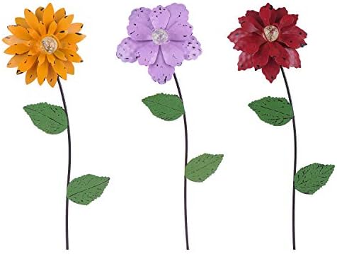 Floral Garden Stake Decor,Glow in Dark Shaking Head Outdoor Plant Pick Water Proof Metal Flower Stick for Lawn Yard Patio,Pathway Ornament,Set of 3