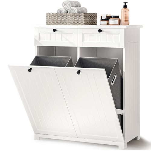 Xbro Meuble Salle de Bain avec Panier à Linge, Armoire à Linge avec 2 Sacs à Linge Amovibles, Meuble de Salle de Bain avec tiroirs, sur Pied, Blanche, 78 x 38 x 90 cm